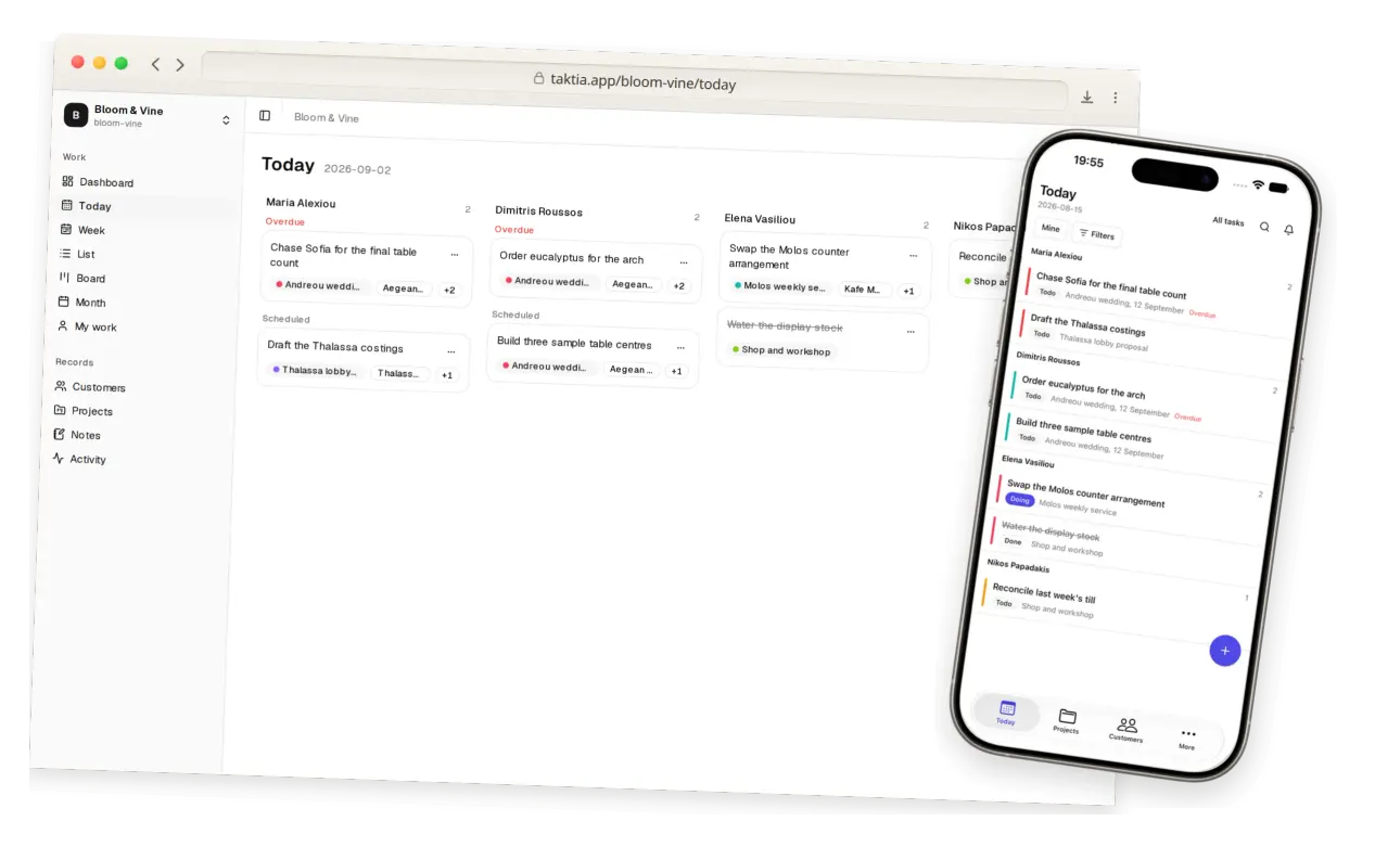 Bloom Vine’s Today board in a browser next to the same day on a phone: Maria, Dimitris, Elena, and Nikos with today’s work and customer names on the cards.